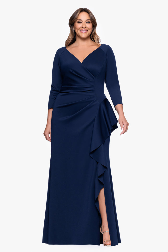 Midnight Plus “Amber” Techno Scuba 3/4 Sleeve V-Neck Ruffle Dress, front view