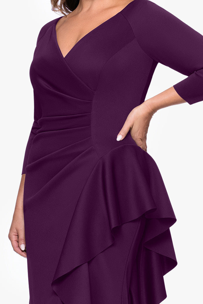 Plum Plus “Amber” Techno Scuba 3/4 Sleeve V-Neck Ruffle Dress, V-neck bodice, three-quarter sleeve, and waist detail