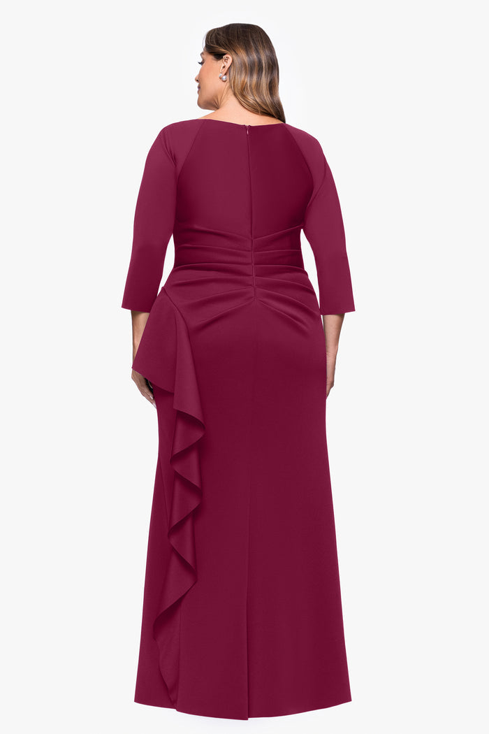 Plum Plus “Amber” Techno Scuba 3/4 Sleeve V-Neck Ruffle Dress, back view