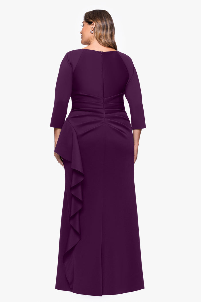 Plum Plus “Amber” Techno Scuba 3/4 Sleeve V-Neck Ruffle Dress, back view