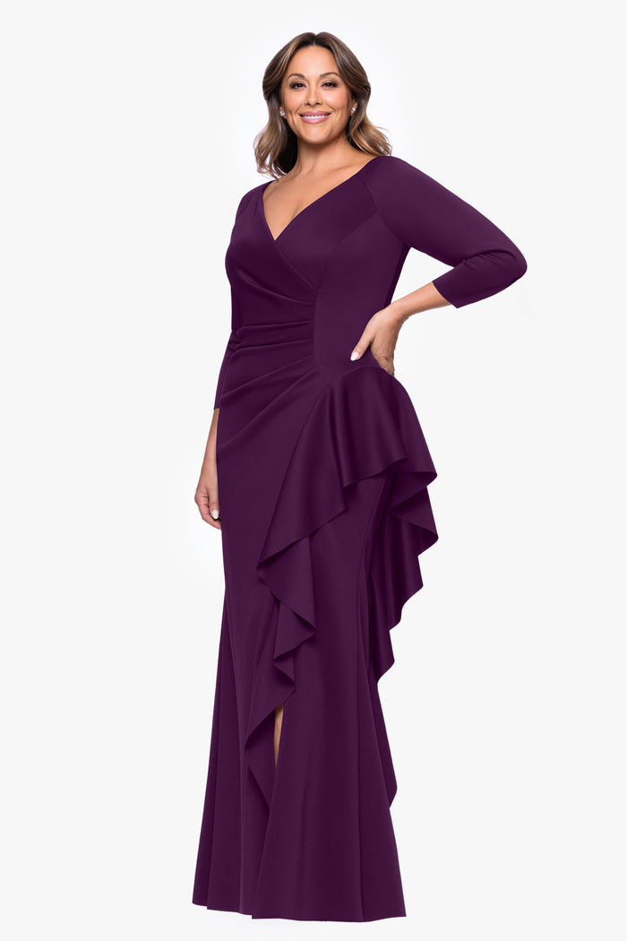 Plum Plus “Amber” Techno Scuba 3/4 Sleeve V-Neck Ruffle Dress, alternate front view with cascading ruffle and side slit