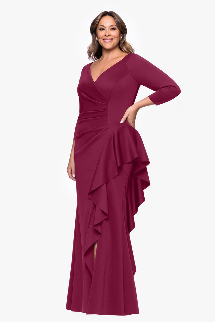 Plum Plus “Amber” Techno Scuba 3/4 Sleeve V-Neck Ruffle Dress, alternate front view with cascading ruffle and side slit