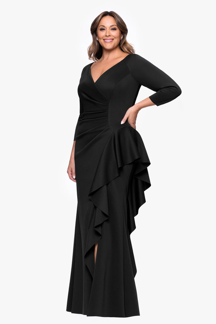 Black Plus “Amber” Techno Scuba 3/4 Sleeve V-Neck Ruffle Dress, alternate front view with cascading ruffle and side slit