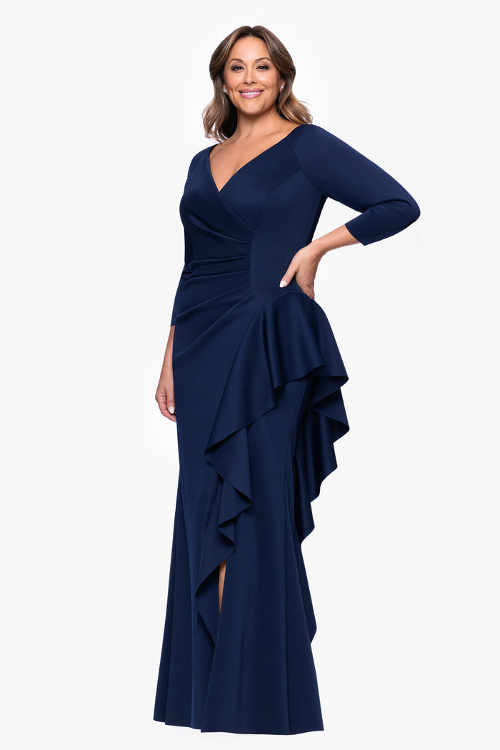 Midnight Plus “Amber” Techno Scuba 3/4 Sleeve V-Neck Ruffle Dress, alternate front view with cascading ruffle and side slit
