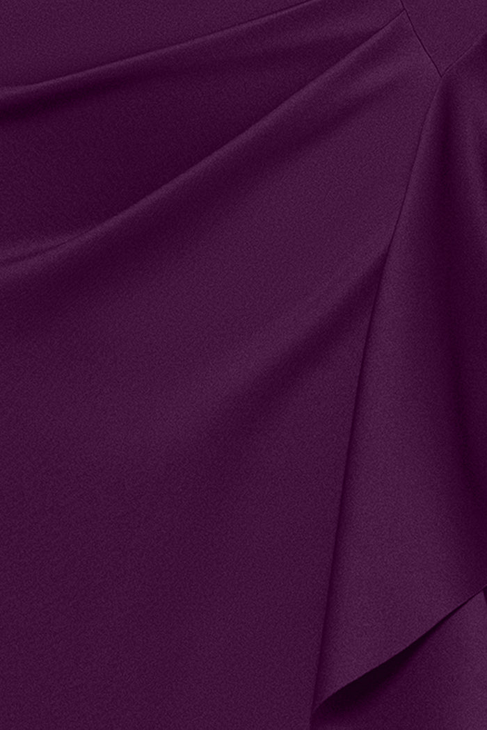 Plum Plus “Amber” Techno Scuba 3/4 Sleeve V-Neck Ruffle Dress, techno scuba fabric and ruffle detail