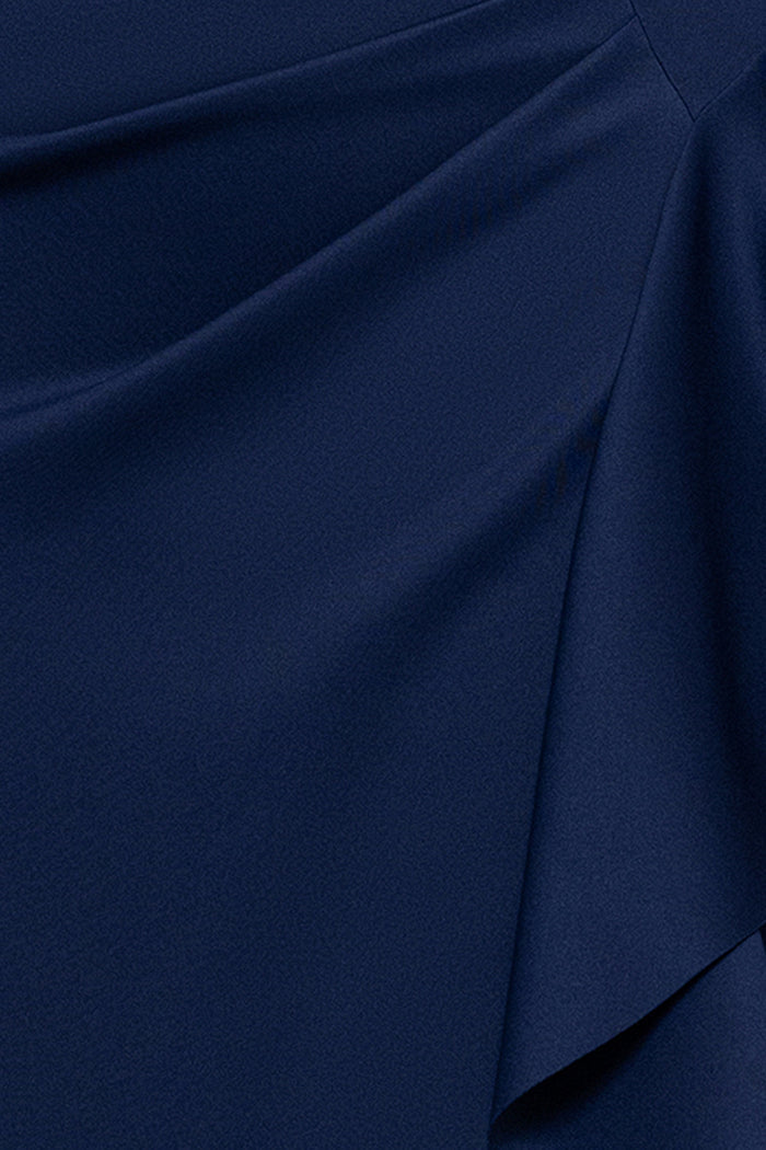 Midnight Plus “Amber” Techno Scuba 3/4 Sleeve V-Neck Ruffle Dress, techno scuba fabric and ruffle detail