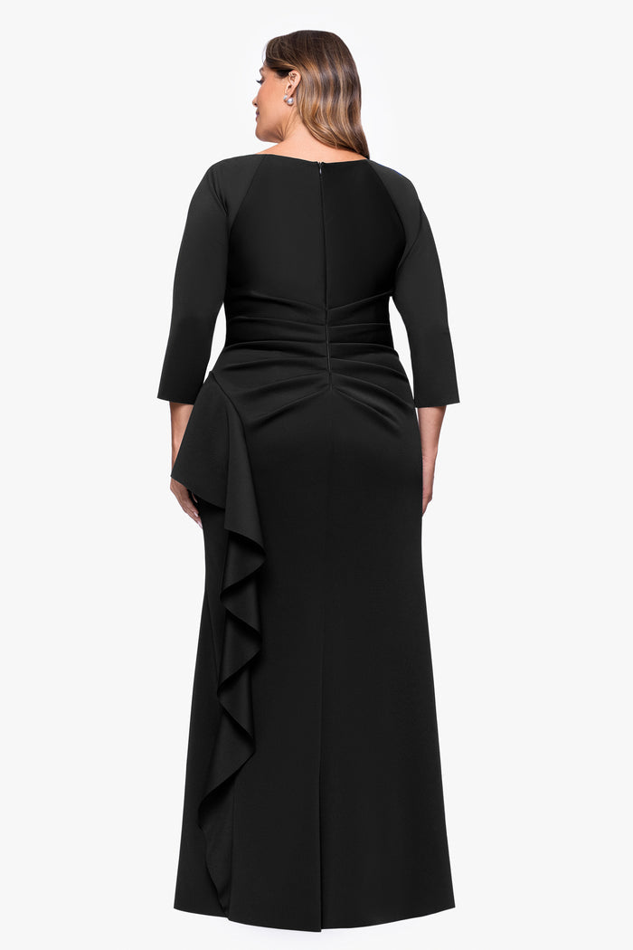 Black Plus “Amber” Techno Scuba 3/4 Sleeve V-Neck Ruffle Dress, back view