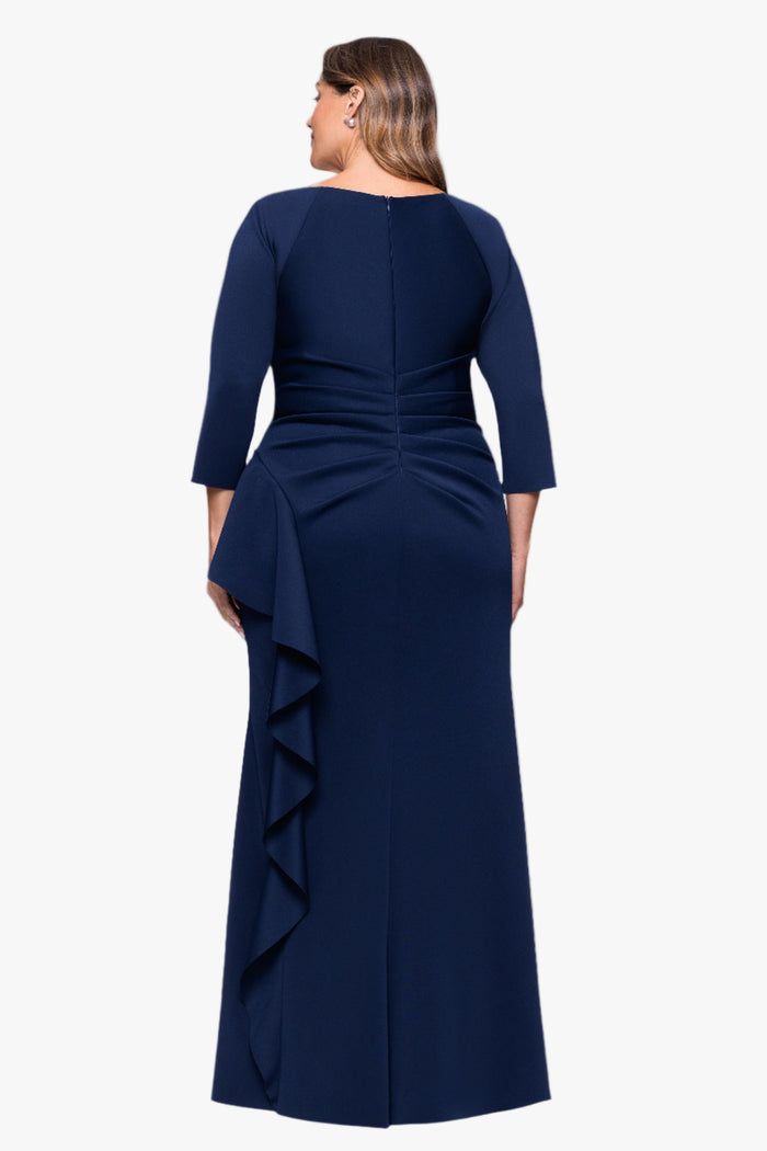 Midnight Plus “Amber” Techno Scuba 3/4 Sleeve V-Neck Ruffle Dress, back view
