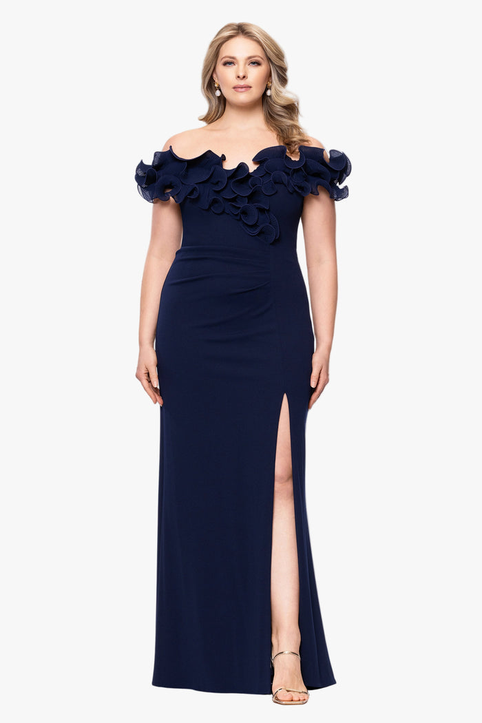 Navy Plus “Anya” Scuba Crepe & Chiffon Ruffle Off the Shoulder Dress, front view