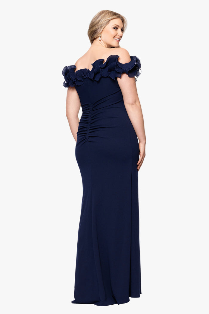 Navy Plus “Anya” Scuba Crepe & Chiffon Ruffle Off the Shoulder Dress, back view