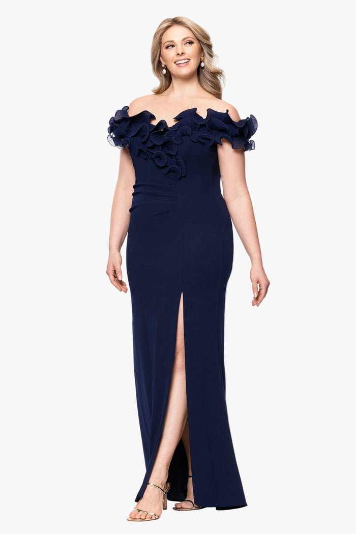 Navy Plus “Anya” Scuba Crepe & Chiffon Ruffle Off the Shoulder Dress, alternate front view with side slit