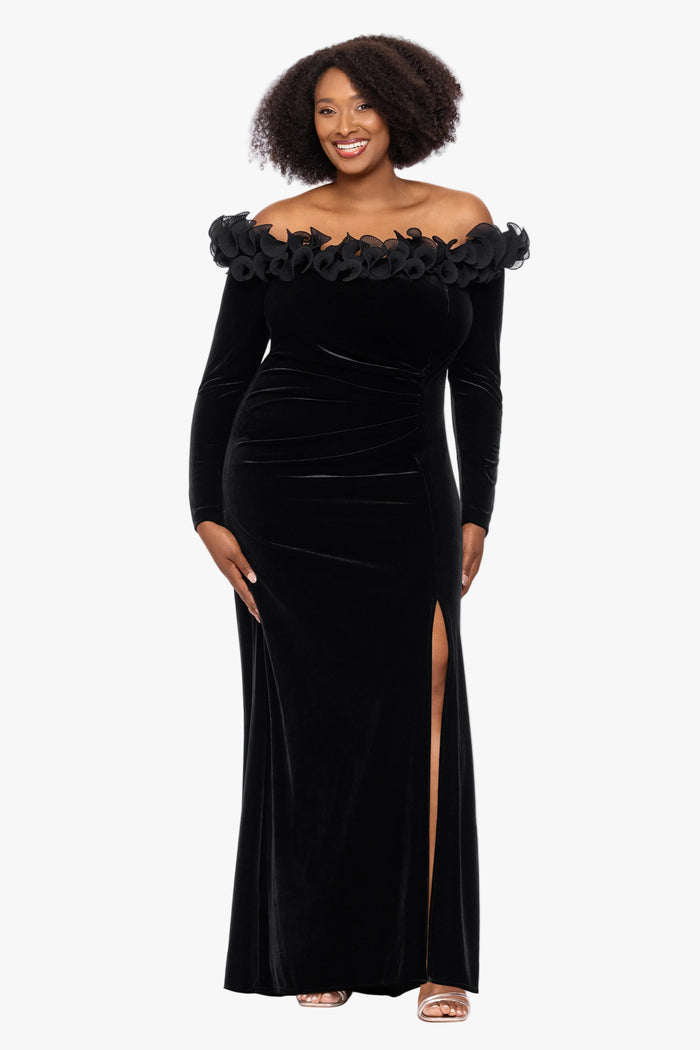 Plus "Carley" Velvet Off Shoulder Chiffon Ruffle Dress