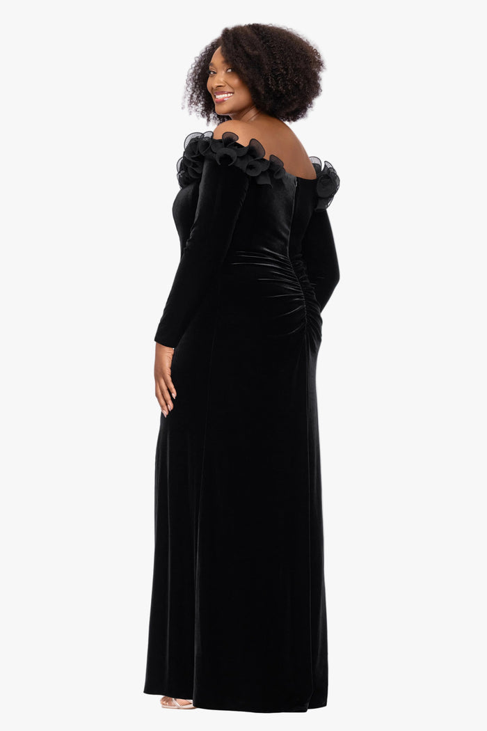 Plus "Carley" Velvet Off Shoulder Chiffon Ruffle Dress