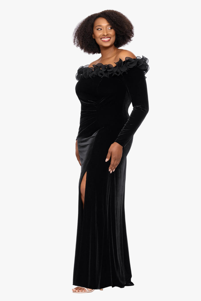 Plus "Carley" Velvet Off Shoulder Chiffon Ruffle Dress