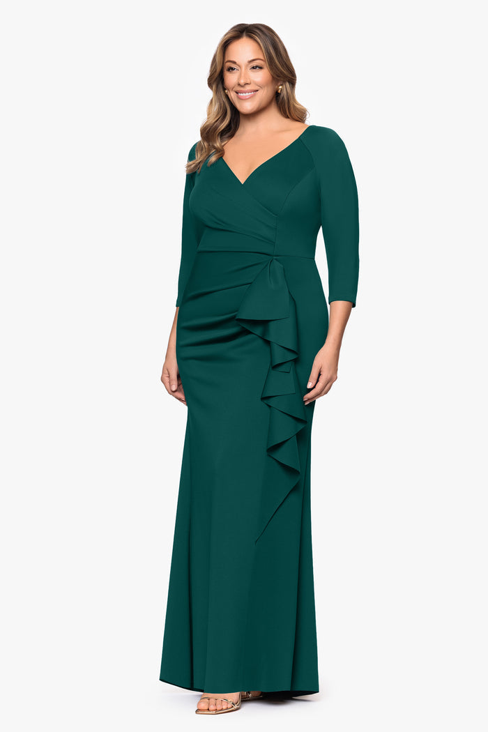 Plus "Debra" Techno Scuba Long Sleeve Side Ruffle Dress