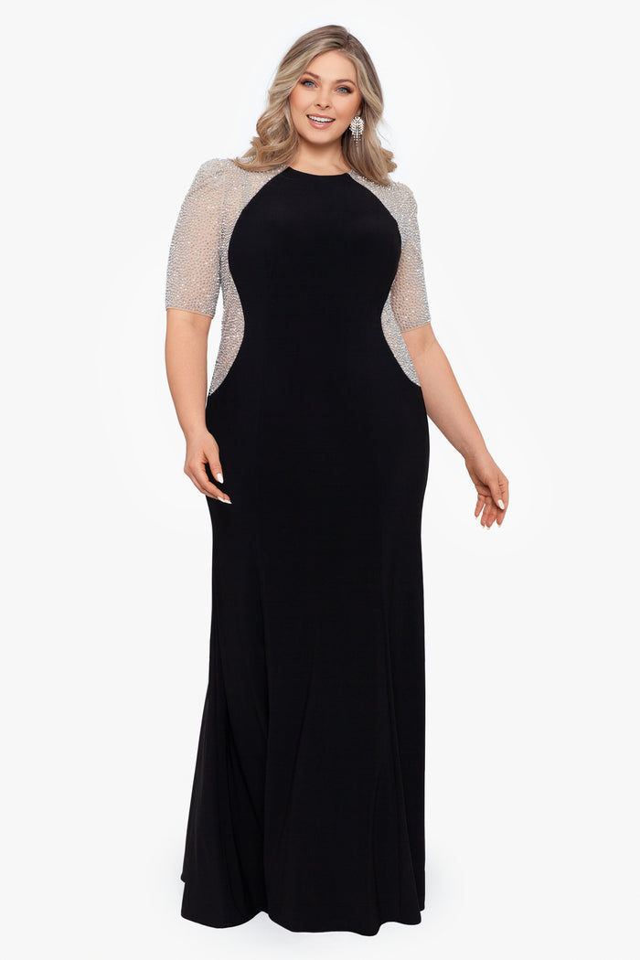 Black/Nude/Silver Plus “Elise” Quarter Sleeve Jersey Knit Dress, front view