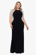 Black/Nude/Silver Plus “Elise” Quarter Sleeve Jersey Knit Dress, front view