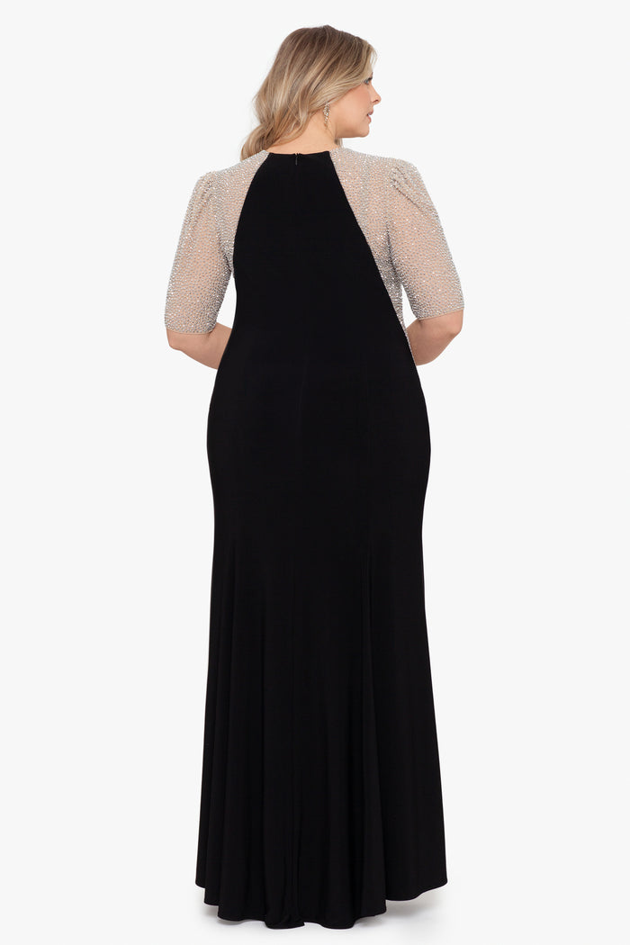 Black/Nude/Silver Plus “Elise” Quarter Sleeve Jersey Knit Dress, back view