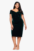 Hunter Plus “Felicity” Off the Shoulder Ruched Velvet Dress, front view