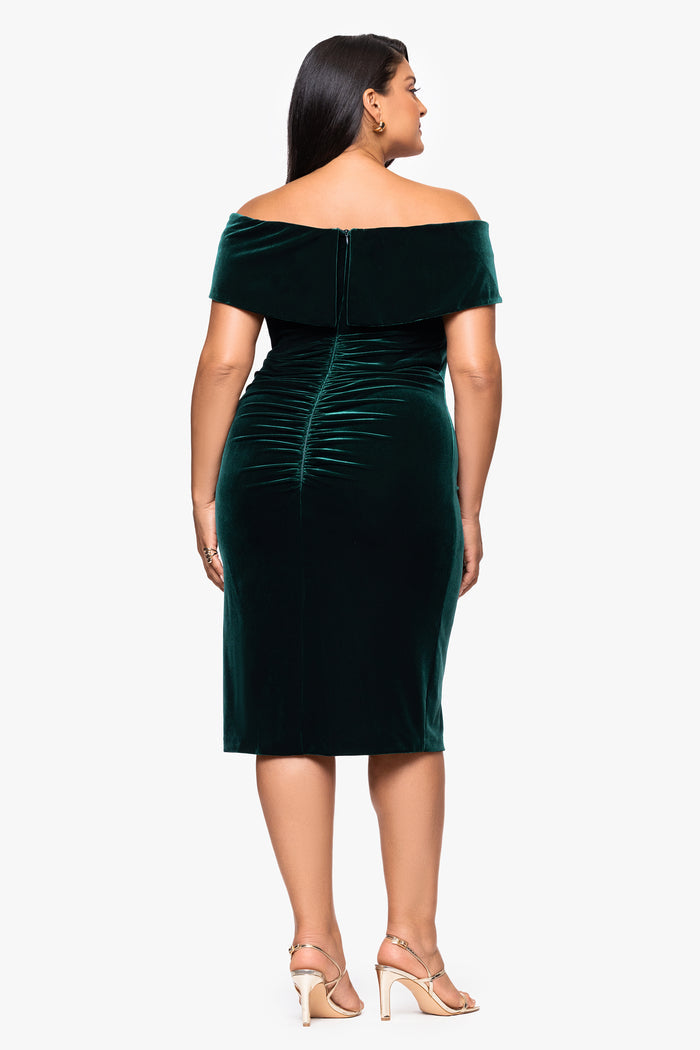 Hunter Plus “Felicity” Off the Shoulder Ruched Velvet Dress, back view