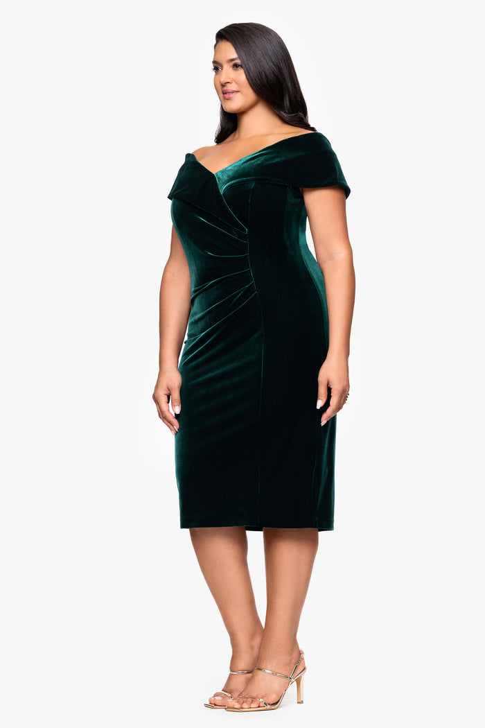 Hunter Plus “Felicity” Off the Shoulder Ruched Velvet Dress, angled three-quarter view