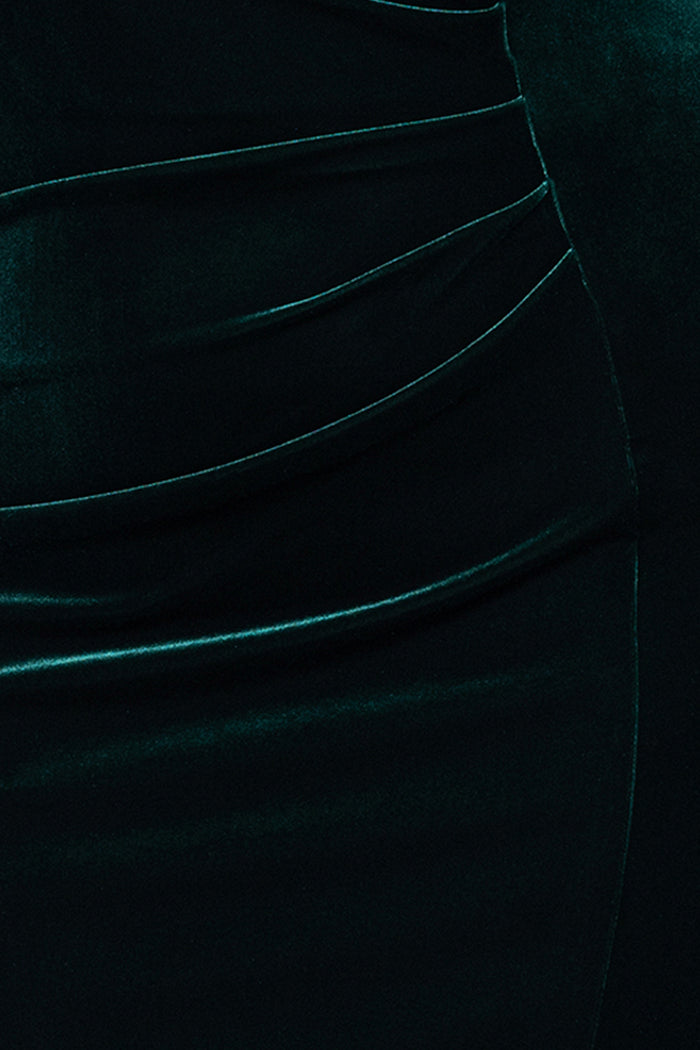 Hunter Plus “Felicity” Off the Shoulder Ruched Velvet Dress, velvet fabric and ruching detail