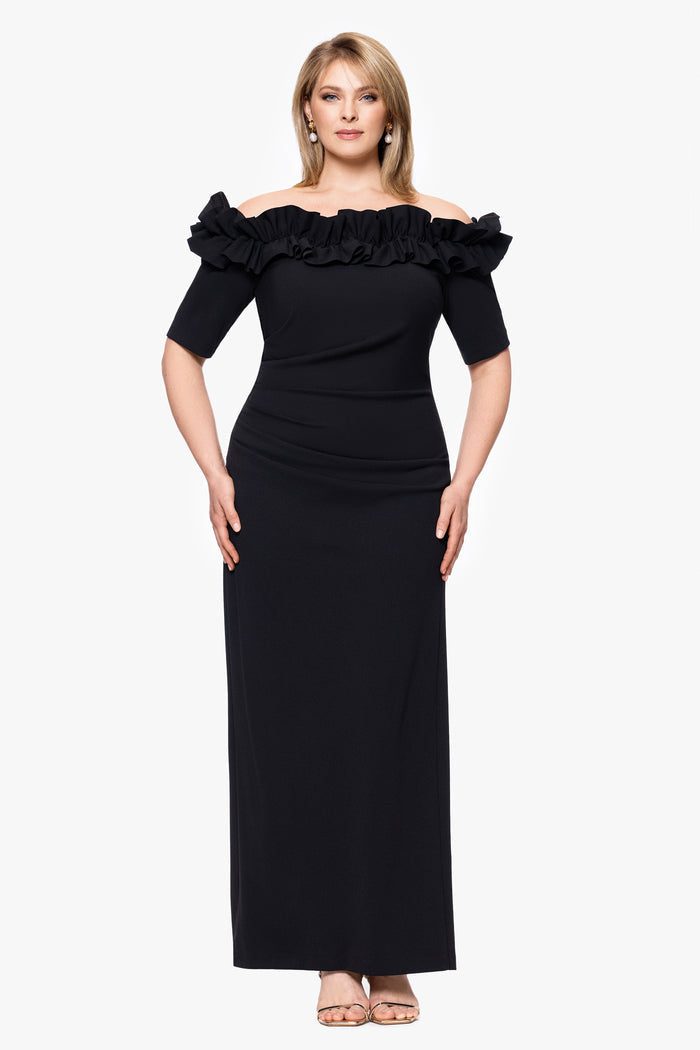 Plus "Isla" Scuba Crepe Off Shoulder Ruffle Short Sleeve Dress