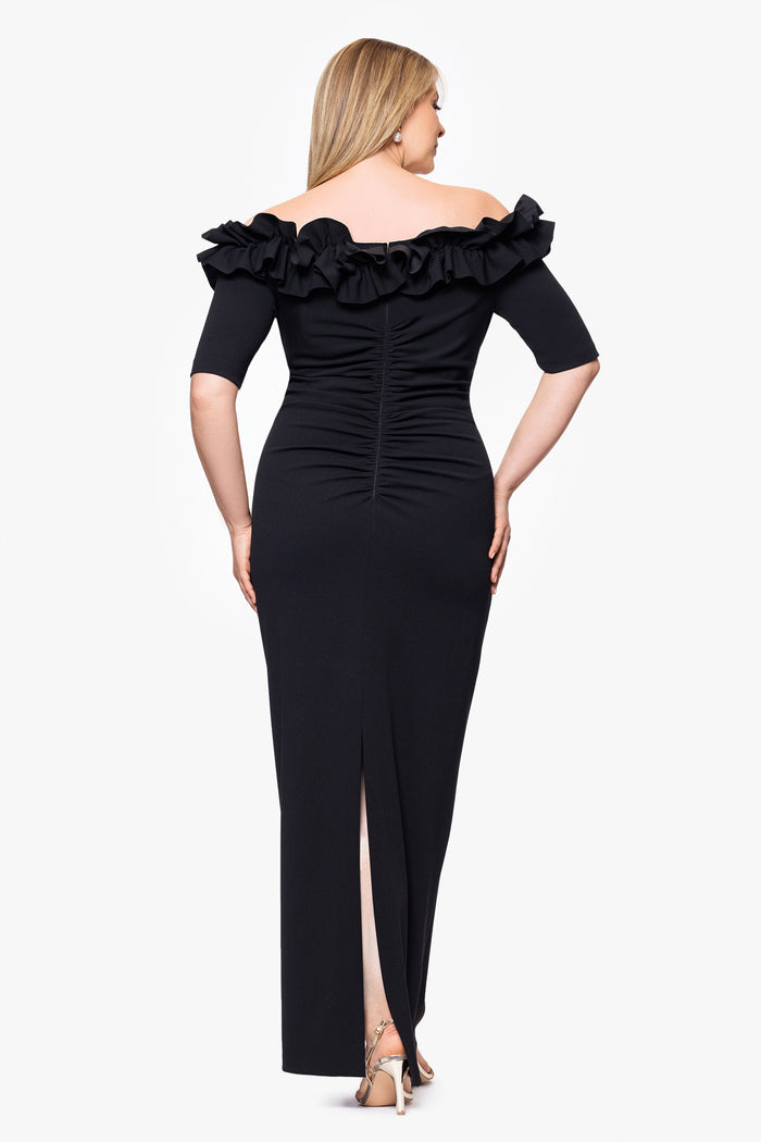 Plus "Isla" Scuba Crepe Off Shoulder Ruffle Short Sleeve Dress