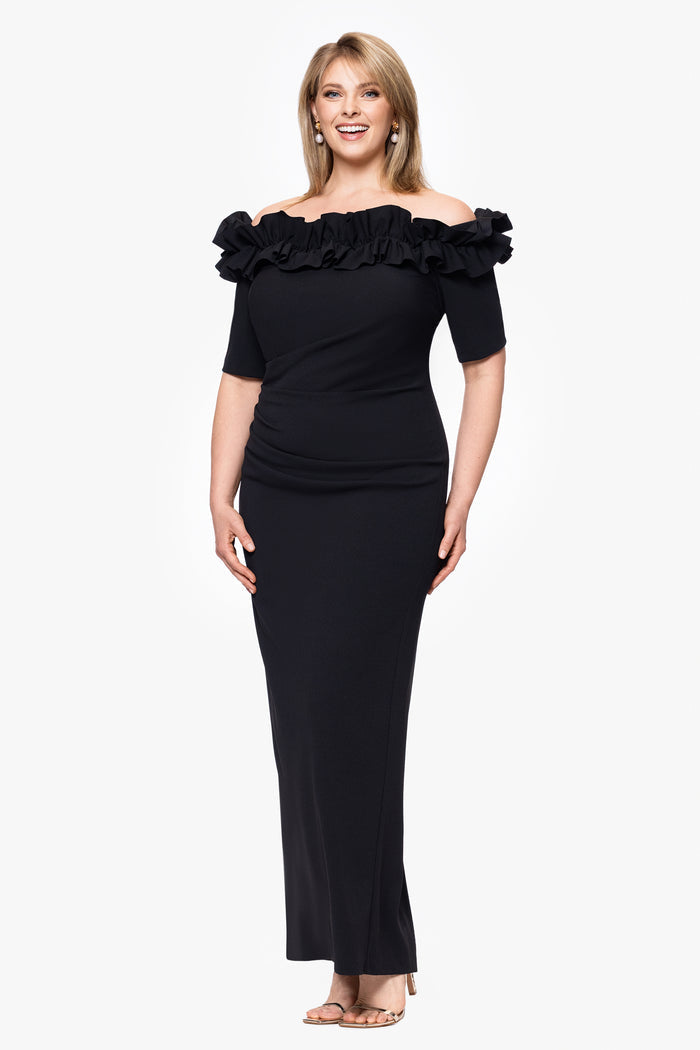 Plus "Isla" Scuba Crepe Off Shoulder Ruffle Short Sleeve Dress