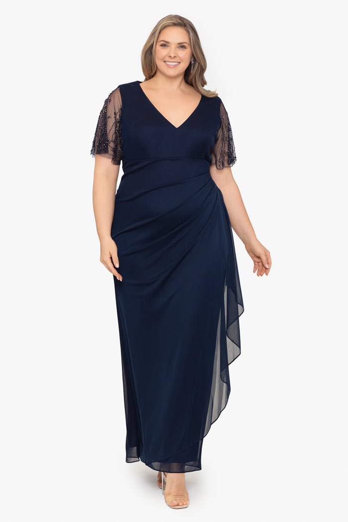 Navy/Gunmetal Plus “Janice” Jersey Embellished Sleeve Dress, front view