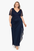 Navy/Gunmetal Plus “Janice” Jersey Embellished Sleeve Dress, front view