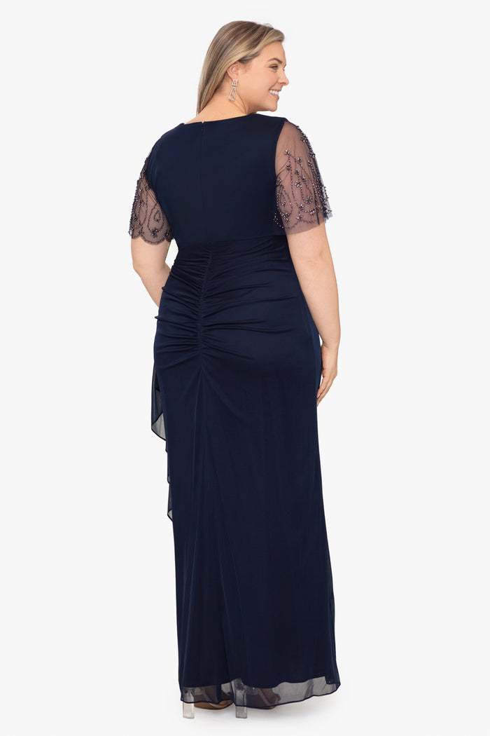 Navy/Gunmetal Plus “Janice” Jersey Embellished Sleeve Dress, back view with ruching
