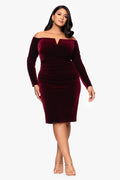 Burgundy Plus “Jody” Velvet Off the Shoulder V-Neck Dress, front view