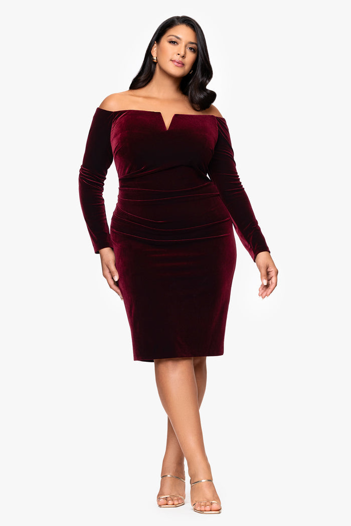 Burgundy Plus “Jody” Velvet Off the Shoulder V-Neck Dress, front view