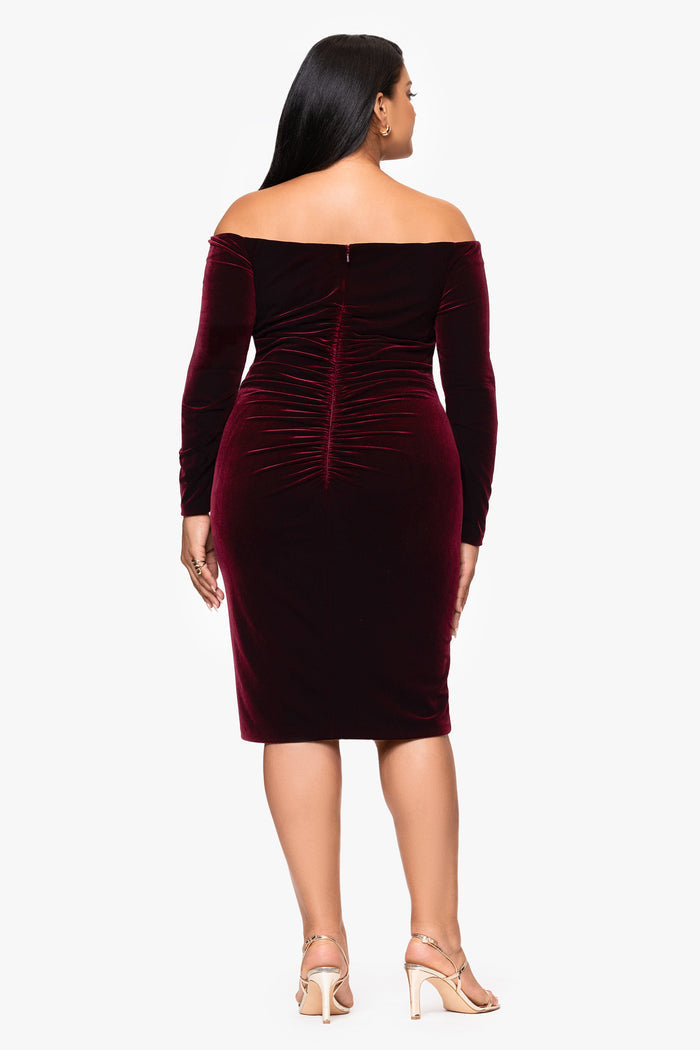 Burgundy Plus “Jody” Velvet Off the Shoulder V-Neck Dress, back view
