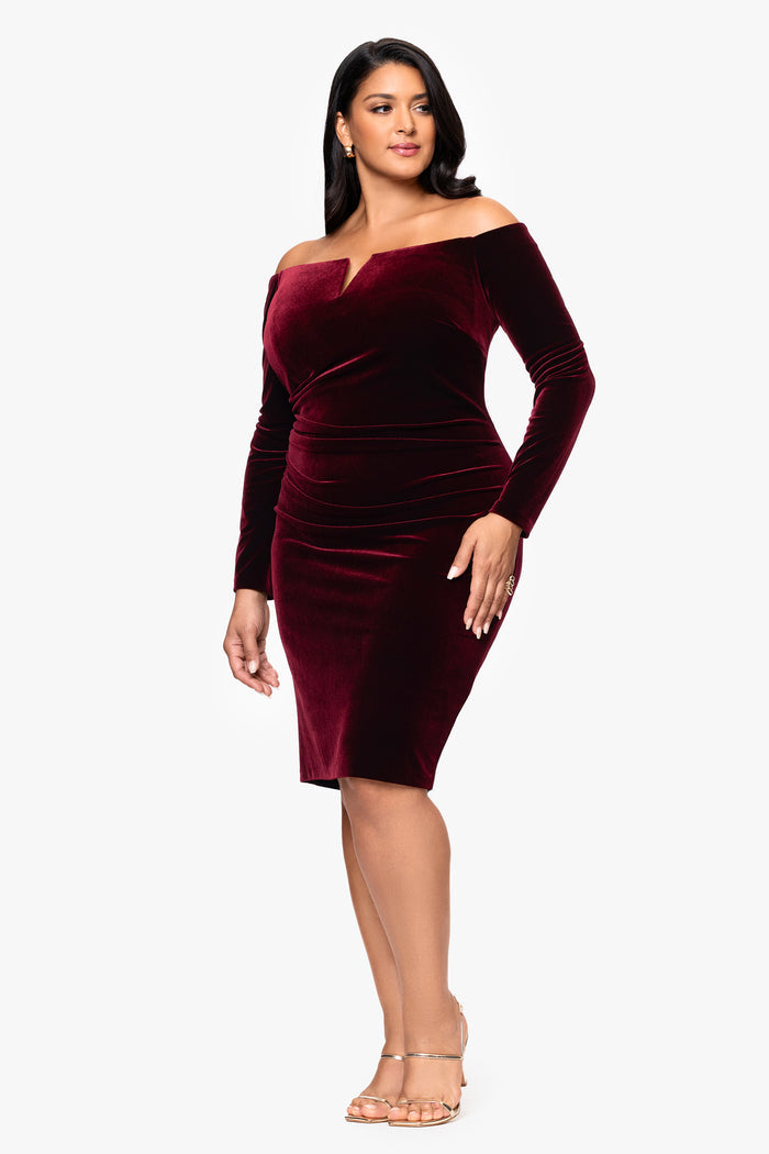 Burgundy Plus “Jody” Velvet Off the Shoulder V-Neck Dress, angled three-quarter view