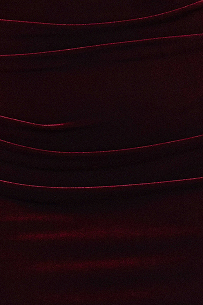 Close-up of the Burgundy velvet texture and horizontal ruching on the Plus “Jody” Velvet Off the Shoulder V-Neck Dress