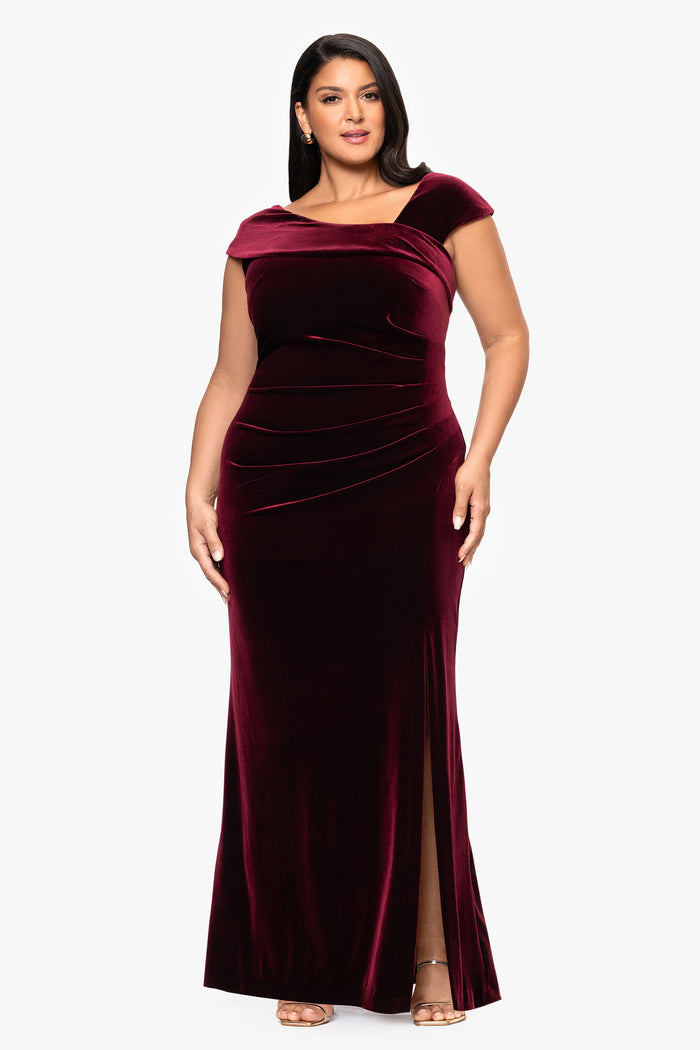 Burgundy Plus “Katrina” Velvet Asymmetrical Neckline Cap Sleeve Dress, front view