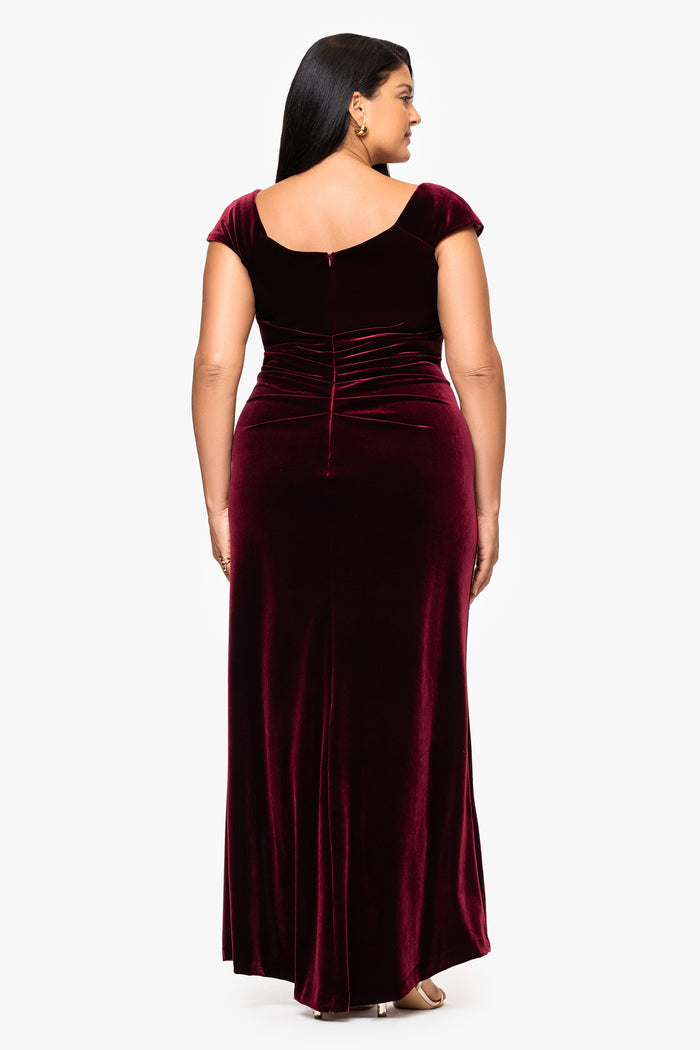 Burgundy Plus “Katrina” Velvet Asymmetrical Neckline Cap Sleeve Dress, back view