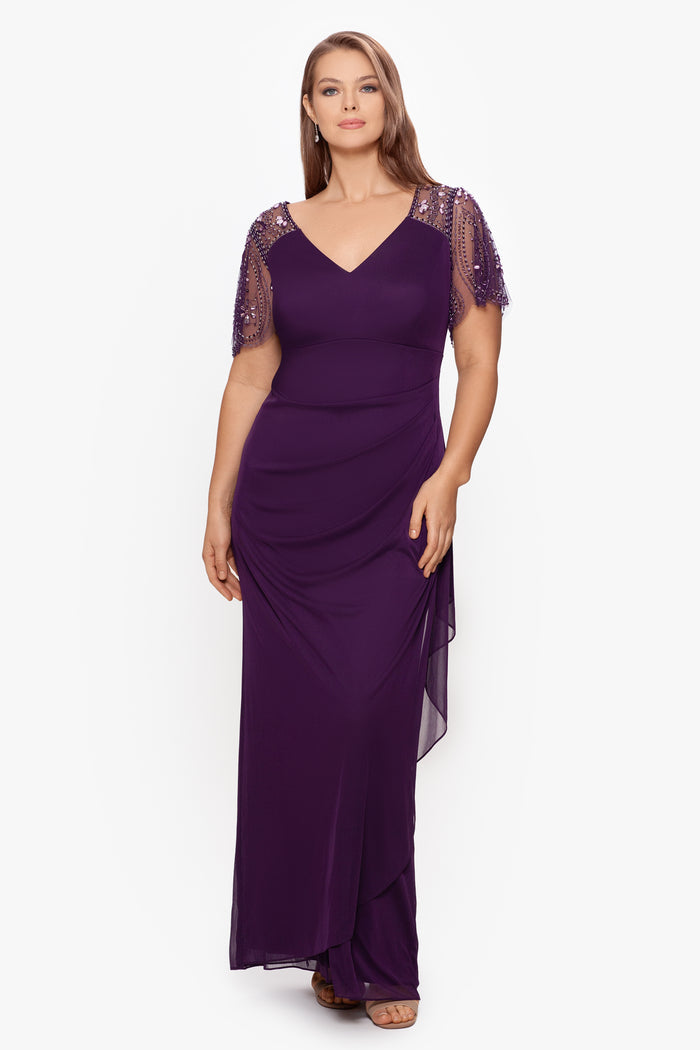 Plum Plus “Lana” Sheer Matte Jersey Beaded Flutter Sleeve Dress, front view
