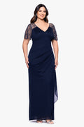 Navy Plus “Lana” Sheer Matte Jersey Beaded Flutter Sleeve Dress, front view