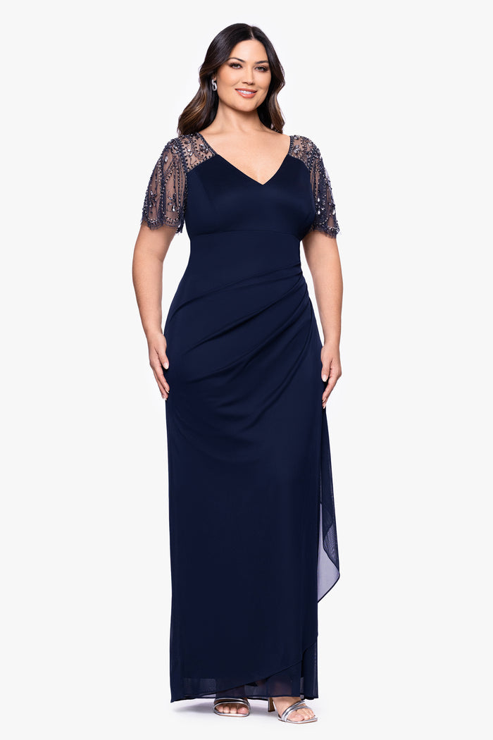 Navy Plus “Lana” Sheer Matte Jersey Beaded Flutter Sleeve Dress, front view