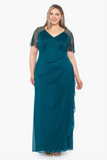 Emerald Plus “Lana” Sheer Matte Jersey Beaded Flutter Sleeve Dress, front view