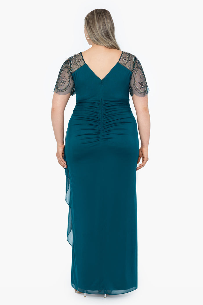 Emerald Plus “Lana” Sheer Matte Jersey Beaded Flutter Sleeve Dress, back view