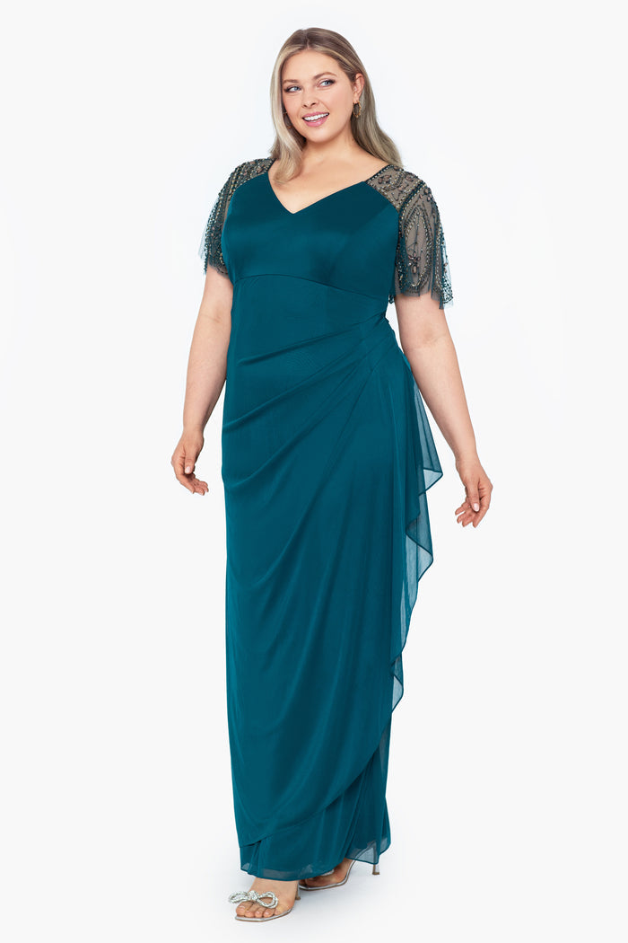 Emerald Plus “Lana” Sheer Matte Jersey Beaded Flutter Sleeve Dress, angled three-quarter view