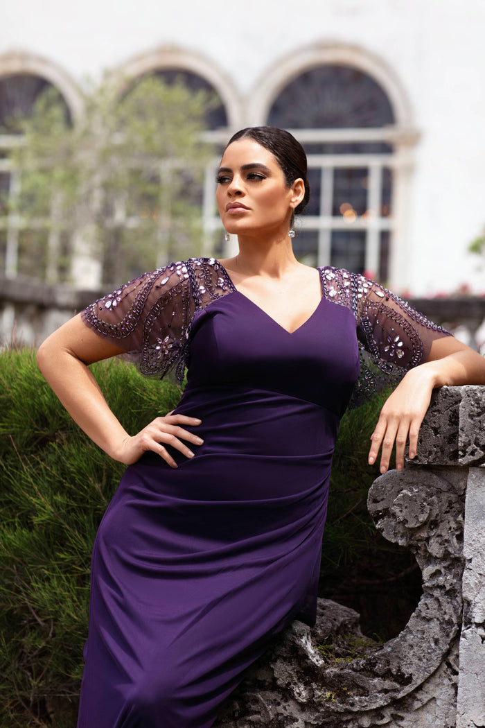 Alternate close-up of the Plum beaded flutter sleeves and ruched waist