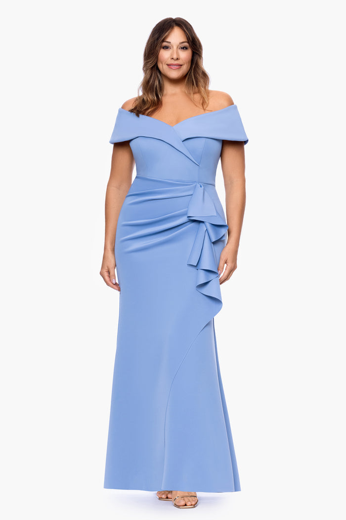 Slate Plus “Patti” Techno Scuba Off The Shoulder Dress, front view