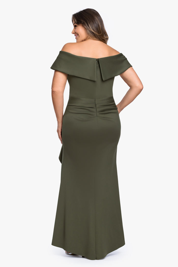 Olive Plus “Patti” Techno Scuba Off The Shoulder Dress, back view