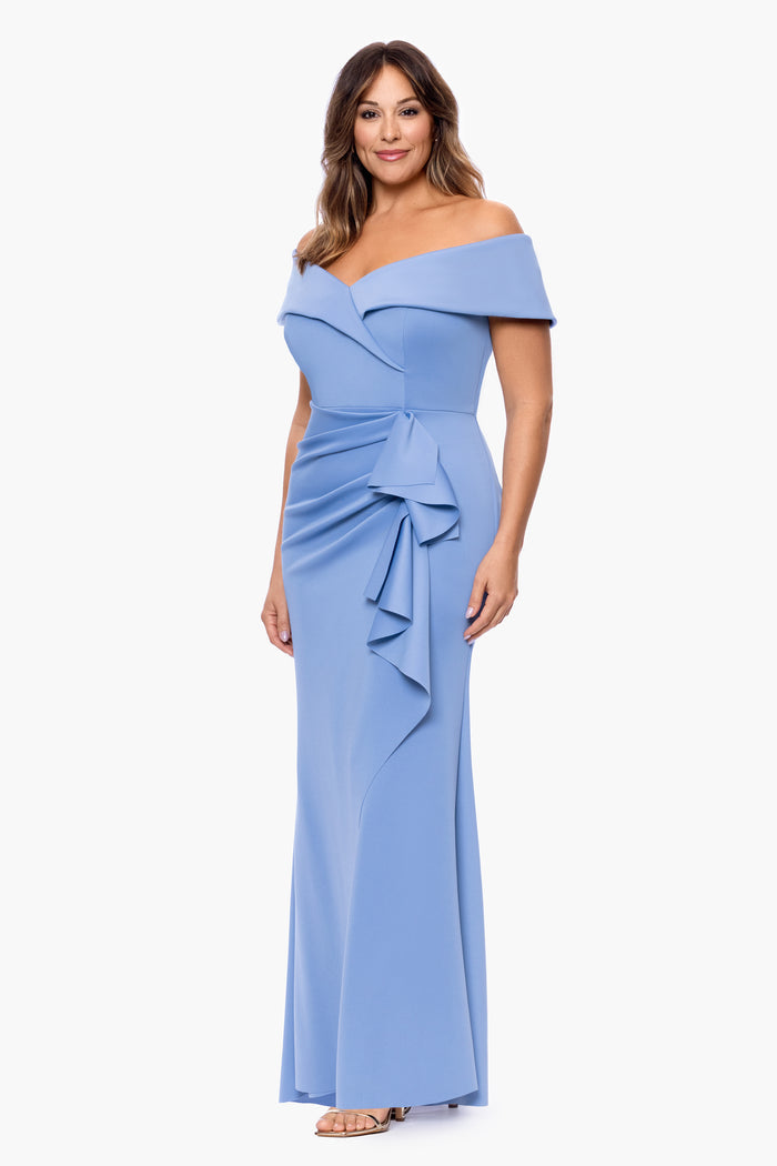 Slate Plus “Patti” Techno Scuba Off The Shoulder Dress, angled three-quarter view