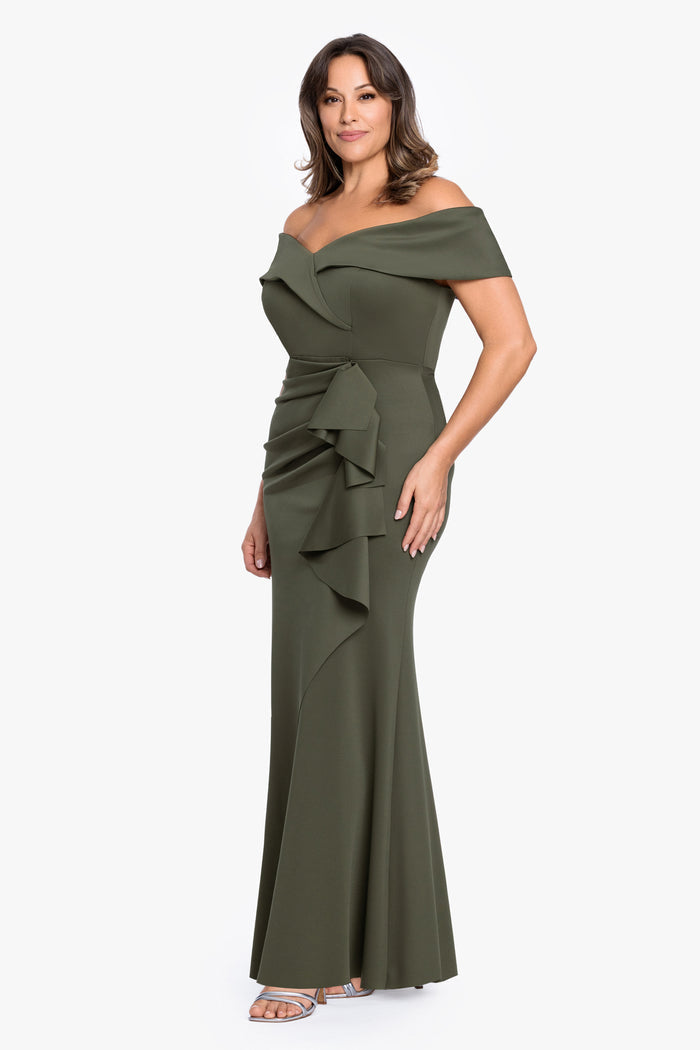 Olive Plus “Patti” Techno Scuba Off The Shoulder Dress, angled three-quarter view